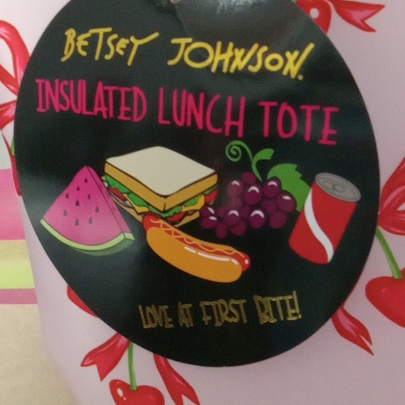 Betsey Johnson Pink Cherry Hearts Lunch Tote πππππ With Ribbons - Picture 3 of 5